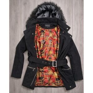 RARE Y2K NWOT Rocawear Women's L Black Belted Faux Fur Hood Coat Streetwear